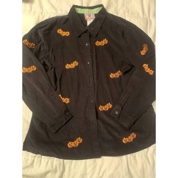 Women's L The Quacker Factory Halloween Pumpkin Button Down Long Sleeve Vtg - Picture 1 of 8